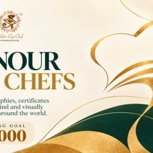 Fundraising poster for Golden Eye Chef and Antardrishti titled “Honour the Chefs.” The cream, deep green and gold design features both organisation logos at the top left and an abstract golden chef’s hat on the right. The text appeals for support to send trophies, certificates and aprons to blind and visually impaired chefs around the world. The fundraising goal is ₹50,000.