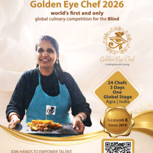 Navina Gyawali from Nepal, a participant of Golden Eye Chef 2025, presents her dish “Mustang Allo” while wearing a blue apron, featured on a Golden Eye Chef 2026 fundraising poster with event details and a QR code for donations.