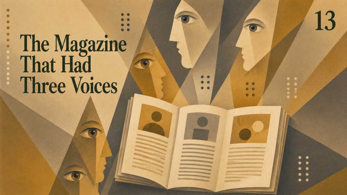 Illustration of a trilingual magazine representing Hindi, English and Urdu, with diverse faces and braille symbols