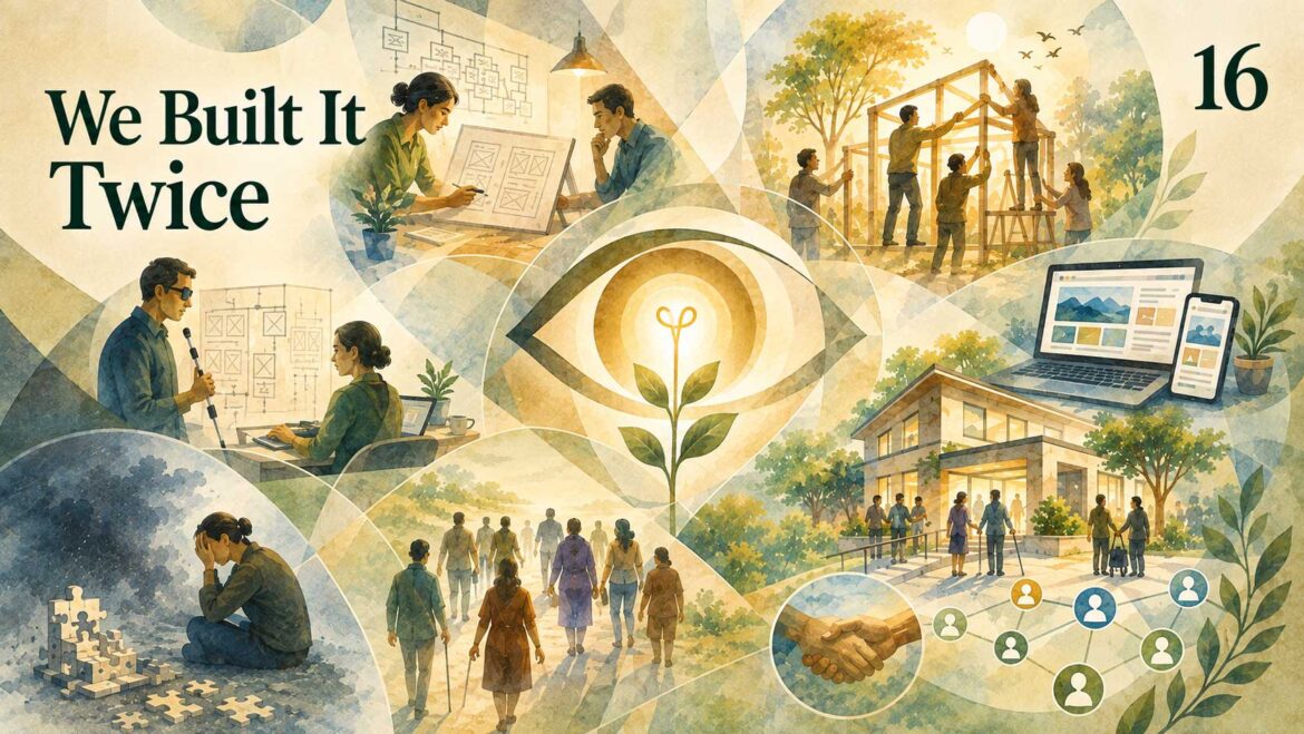 Illustration of Drishti Connect being developed through technology, accessibility, collaboration and community support for visually impaired people