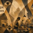 Illustration of blind chefs cooking in a professional kitchen during the Golden Eye Chef competition