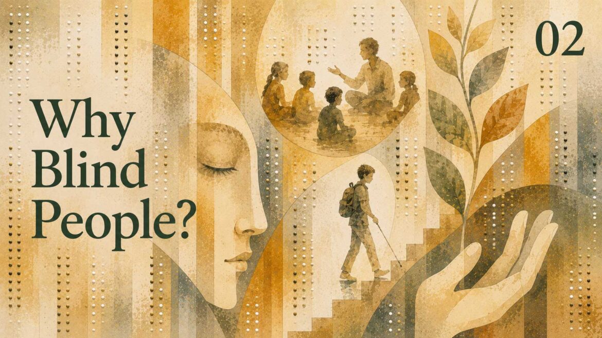 Illustration for “Why Blind People?” featuring a blind person using a white cane, a teacher with children, Braille patterns and a plant, representing education, independence, inclusion and opportunity.