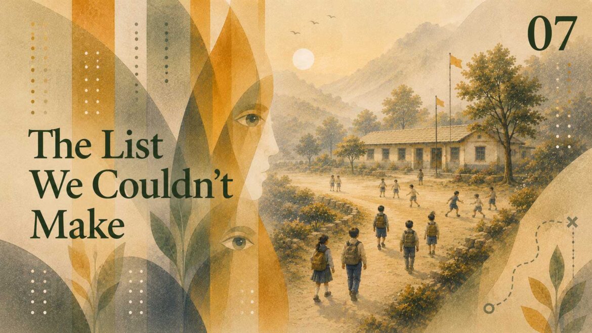 Illustrated scene of children walking towards a rural school in the Himalayan hills, representing efforts to identify children with possible vision problems in remote communities.