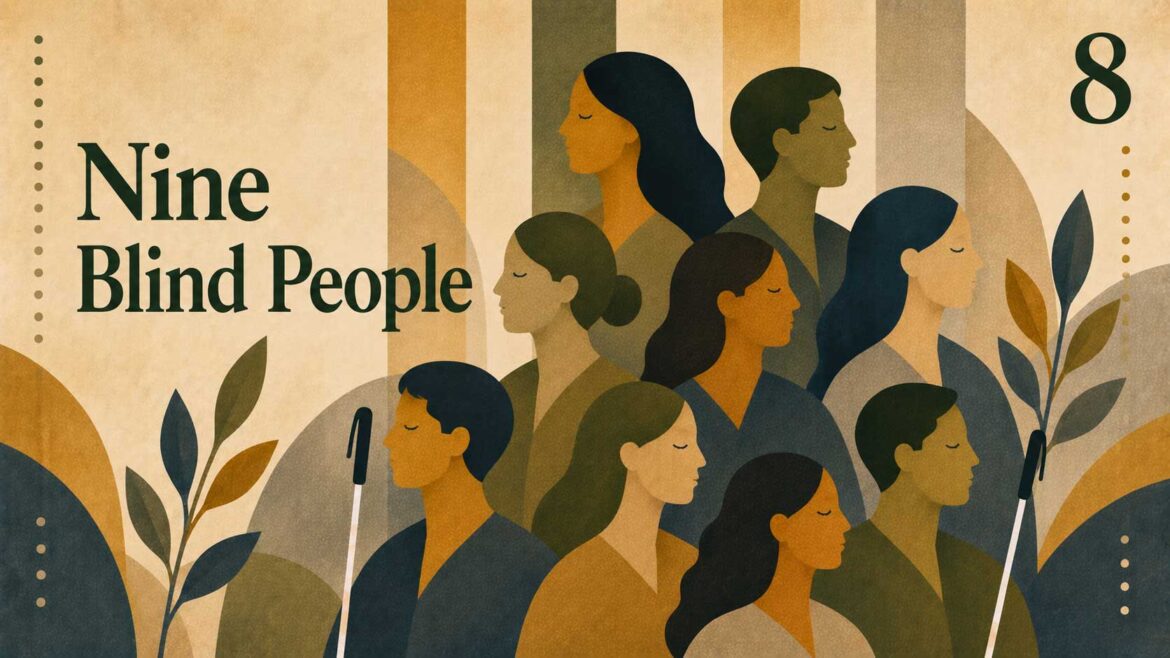 Illustration of a diverse group of blind people standing together, including people using white canes, representing individuality, dignity and the importance of seeing the person beyond blindness.