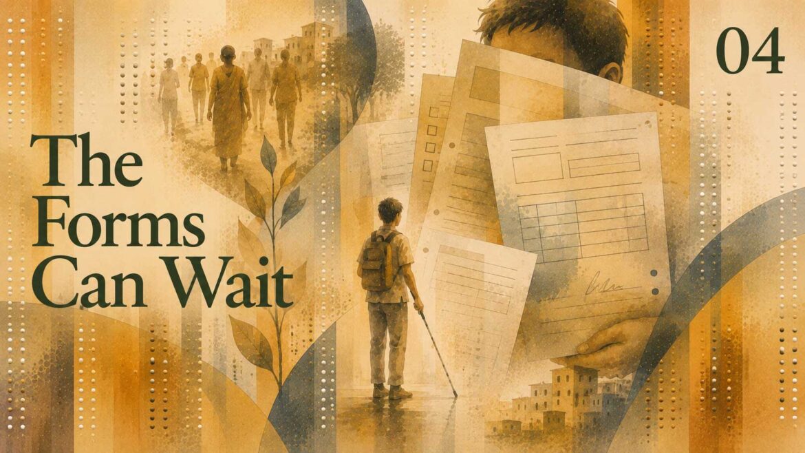 Illustration for “The Forms Can Wait” showing a blind person using a white cane and carrying a backpack, surrounded by forms and documents, with people in the background and Braille patterns, representing the idea that people should come before paperwork.
